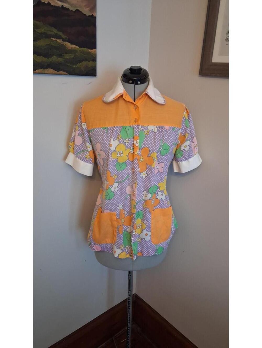 Vintage 70s Floral Blouse, Cotton Top With Pockets Retro Hippy Flower Child Sz M